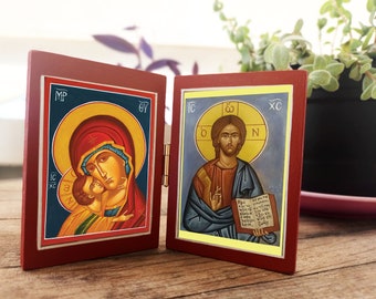 Orthodox small diptych icon for travellers or mini prayer corner, handmade mini pocket size prayer diptych, Christian student faith gift