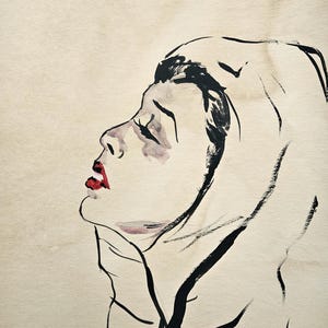 Puede incluir: Un retrato a tinta y acuarela de una persona mirando hacia arriba con los ojos cerrados y lápiz labial rojo. La obra está firmada "van Dongen" en la esquina inferior izquierda. La pieza presenta líneas negras en negrita y un fondo neutro.