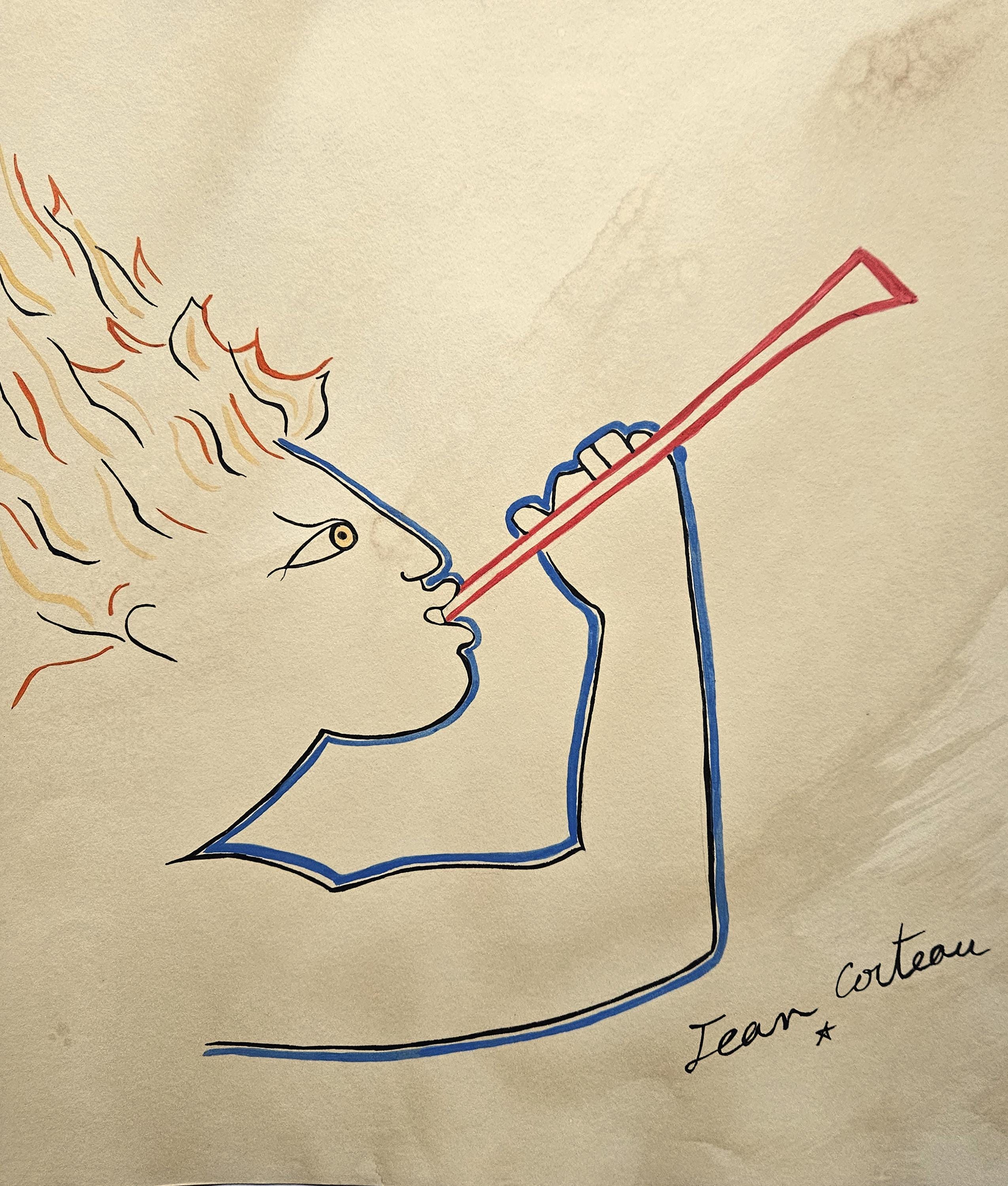 Jean Cocteau Signed Vintage Drawing on Paper French Modernist Line