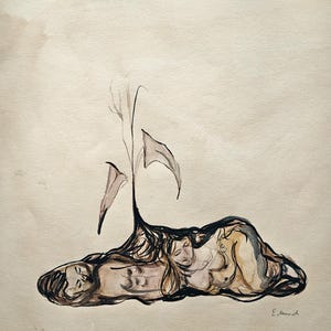 Könnte beinhalten: Eine Aquarell- und Tuschezeichnung auf cremefarbenem Papier, die zwei liegende Figuren zeigt, welche durch dunkle, fließende Linien miteinander verbunden sind, die in eine hohe, schlanke Calla-Lilie übergehen. Das Werk zeigt erdige Töne und ist mit E. Munch signiert.