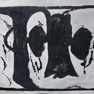May include: An abstract painting featuring bold black ink strokes on a white background. The composition includes a thick rectangular border, two central oval shapes, and various paint splatters and drips creating a high-contrast visual effect.
