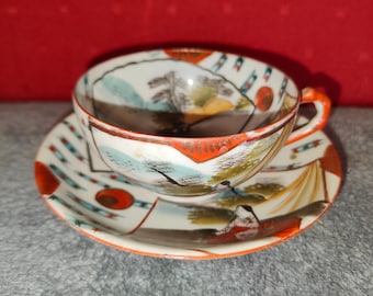 Vintage Japanese hand-painted geisha girl egg shell porcelain teacup and saucer