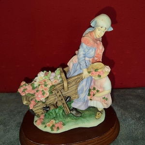 Piękna duża kolekcjonerska figurka Leonarda „The Flower Cart” na drewnianym stojaku