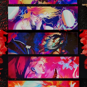 May include: Five colourful digital paintings of women with flowing hair and vibrant backgrounds. Each painting features a different woman with unique features and expressions. The paintings are in a variety of colours, including pink, blue, purple, and yellow.