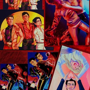 May include: A set of six colorful prints featuring various characters in different poses. The prints are all in a similar style, with bold colors and dramatic lighting. The characters are all dressed in stylish clothing, and the prints are perfect for adding a touch of personality to any room.
