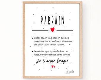 Cadeau PARRAIN, affiche définition parrain, poster parrain, carte parrain, cadeau baptême parrain original, cadeau de dernière minute