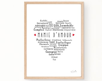 Cadeau MAMIE original, affiche coeur mamie d'amour, cadeau anniversaire grand-mère, décoration murale à offrir à une mamie