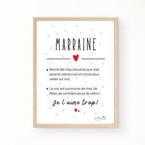 Cadeau MARRAINE, affiche définition marraine coeur rouge, poster marraine, carte marraine, cadeau baptême marraine original