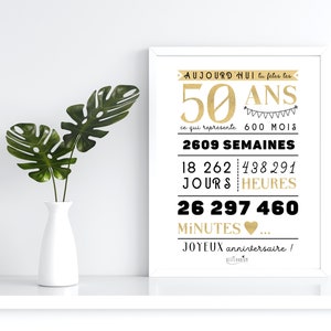 Affiche 50 ans anniversaire, blanc et or, poster anniversaire, carte anniversaire, décoration fête anniversaire, cadeau de dernière minute