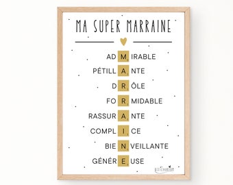 Affiche marraine scrabble, cadeau marraine, poster marraine, carte marraine, cadeau dernière minute, cadeau baptême marraine, blanc et or