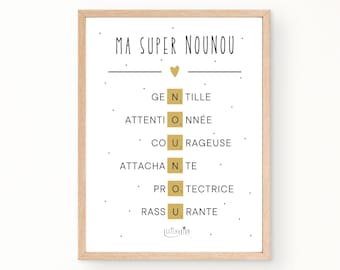 Affiche nounou scrabble, cadeau nounou, cadeau assistante maternelle, cadeau nounou anniversaire, affiche définition nounou, blanc et or