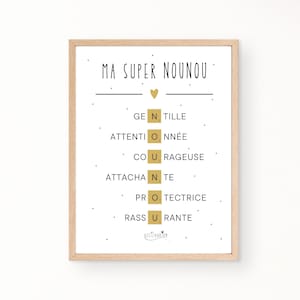 Affiche nounou scrabble, cadeau nounou, cadeau assistante maternelle, cadeau nounou anniversaire, affiche définition nounou, blanc et or