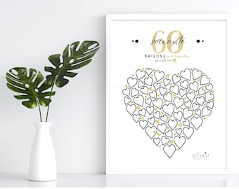 Affiche anniversaire "60 raisons pour lesquelles on t'adore", cadeau 60 ans, carte message anniversaire, décoration fête anniversaire 60 ans