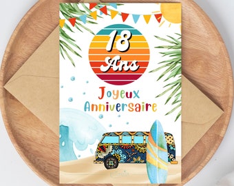 THÈME SURF - Carte anniversaire 18 ans surf homme / femme, affiche 18ème anniversaire, déco 18 ans, téléchargement immédiat - À IMPRIMER