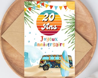 THÈME SURF - Carte anniversaire 20 ans surf homme / femme, affiche 20ème anniversaire, déco 20 ans, téléchargement immédiat - À IMPRIMER