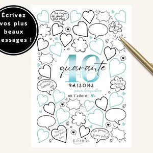 Affiche bleue et noire anniversaire "40 raisons pour lesquelles on t'adore", carte anniversaire 40 ans XXL, déco anniversaire - à imprimer