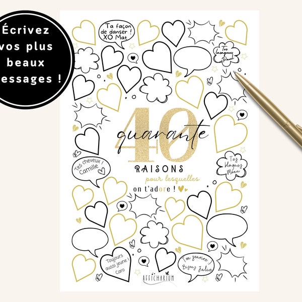 Affiche anniversaire "40 raisons pour lesquelles on t'adore", cadeau 40 ans, carte anniversaire, décoration anniversaire 40 ans - À IMPRIMER