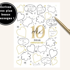 Carte anniversaire géante 10 ans blanc / noir / or, affiche anniversaire 10 ans avec bulles et coeurs à remplir de messages À IMPRIMER zdjęcie 1