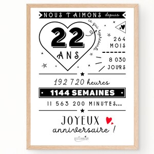 Affiche 22ème anniversaire minutes, heures, jours, mois, années affiche anniversaire 22 ans, carte géante anniversaire À IMPRIMER image 1