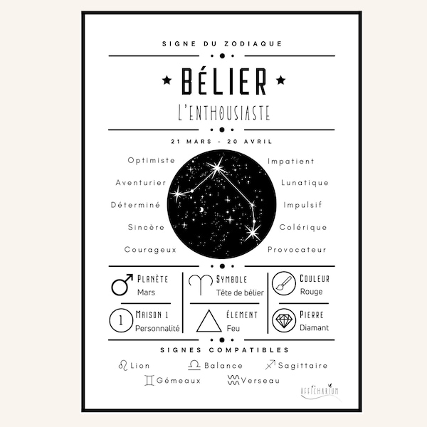 Affiche constellation BÉLIER, poster signe astrologique, affiche signe du zodiaque, décoration murale astrologie, cadeau astrologie