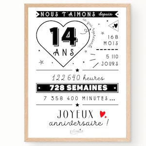 Affiche 14ème anniversaire - minutes, heures, jours, mois, années - affiche anniversaire 14 ans, carte anniversaire, décoration anniversaire
