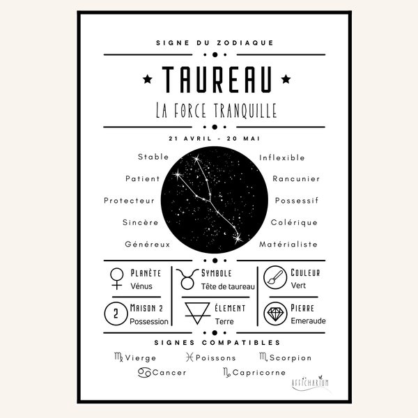 Affiche constellation TAUREAU, poster signe astrologique, affiche signe du zodiaque, décoration murale astrologie, cadeau astrologie