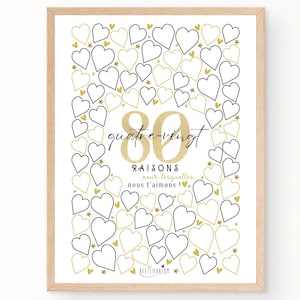 Affiche 80 coeurs à remplir, carte géante à messages anniversaire 80 ans, cadeau 80 ans, décoration fête anniversaire - À IMPRIMER