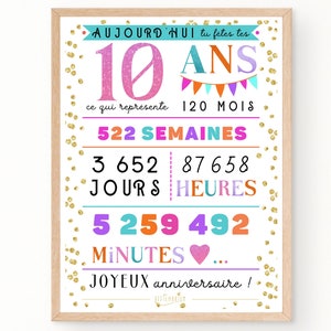 Carte géante colorée 10 ème anniversaire, affiche anniversaire 10 ans minutes, heures, jours, mois, années, déco anniversaire À IMPRIMER image 1