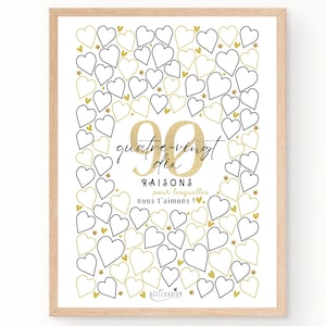 Affiche 90 coeurs à remplir, carte géante à messages anniversaire 90 ans, cadeau 90 ans, décoration fête anniversaire - À IMPRIMER