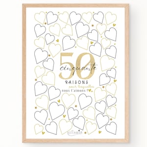 Affiche 50 coeurs à remplir, carte géante à messages anniversaire 50 ans, cadeau 50 ans, décoration fête anniversaire À IMPRIMER image 1