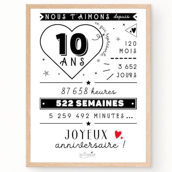 Affiche 10ème anniversaire - minutes, heures, jours, mois, années - affiche anniversaire 10 ans, carte anniversaire, décoration anniversaire