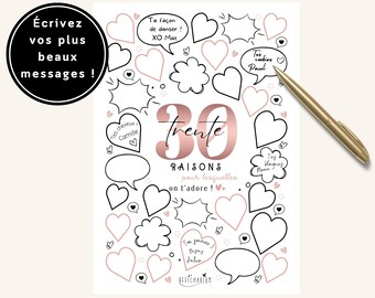 Affiche noire et rose anniversaire "30 raisons pour lesquelles on t'adore", carte anniversaire 30 ans XXL, À imprimer soi-même