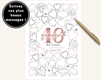 Affiche noire et rose anniversaire "40 raisons pour lesquelles on t'adore", carte anniversaire 40 ans XXL, déco anniversaire - à imprimer