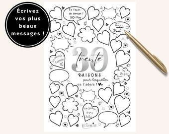 Affiche noire et argent anniversaire "30 raisons pour lesquelles on t'adore", carte anniversaire 30 ans, déco anniversaire - à imprimer
