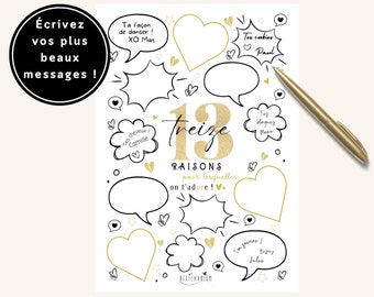 Affiche anniversaire "13 raisons pour lesquelles on t'adore", cadeau 13 ans, carte message anniversaire 13 ans avec bulles - À IMPRIMER