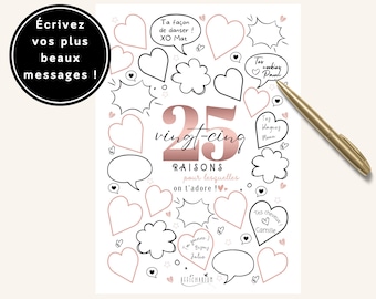 Affiche noire et rose anniversaire "25 raisons pour lesquelles on t'adore", carte anniversaire 25 ans, déco anniversaire - à imprimer