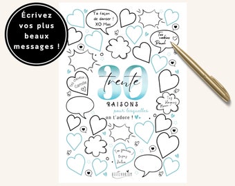 Affiche noire et bleue anniversaire "30 raisons pour lesquelles on t'adore", carte anniversaire 30 ans XXL, déco anniversaire - à imprimer