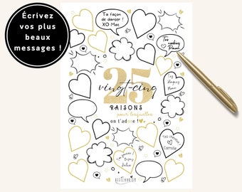 Affiche anniversaire "25 raisons pour lesquelles on t'adore", cadeau 25 ans, carte message anniversaire, décoration fête anniversaire 25 ans