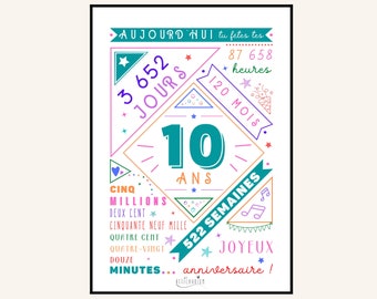 Affiche colorée 10 ème anniversaire, poster anniversaire 10 ans, cadeau anniversaire, carte anniversaire, décoration fête anniversaire
