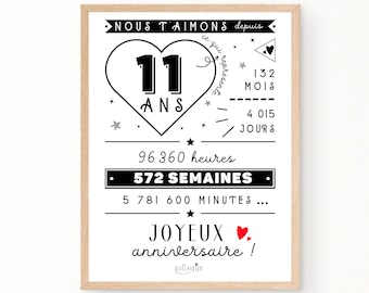 Affiche 11ème anniversaire - minutes, heures, jours, mois, années - affiche anniversaire 11 ans, carte anniversaire, décoration anniversaire