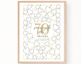 Affiche 70 coeurs à remplir, carte géante à messages anniversaire 70 ans, cadeau 70 ans, décoration fête anniversaire - À IMPRIMER
