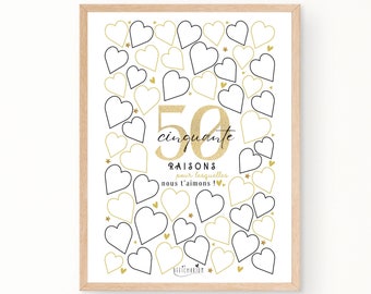 Affiche 50 coeurs à remplir, carte géante à messages anniversaire 50 ans, cadeau 50 ans, décoration fête anniversaire - À IMPRIMER