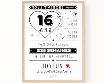 Affiche 16ème anniversaire - minutes, heures, jours, mois, années - affiche anniversaire 16 ans, carte géante anniversaire - À IMPRIMER