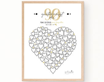 Affiche anniversaire "90 raisons pour lesquelles on t'adore", cadeau 90 ans, carte anniversaire coeurs, déco fête anniversaire - À IMPRIMER