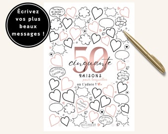 Affiche noire et rose anniversaire "50 raisons pour lesquelles on t'adore", carte anniversaire 50 ans XXL, déco anniversaire - À IMPRIMER