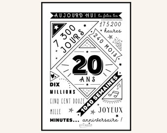 Affiche 20 ans, affiche anniversaire 20 ans, poster anniversaire, carte anniversaire, décoration fête anniversaire, cadeau dernière minute