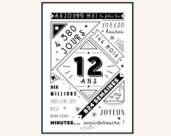 Affiche 12 ans, affiche anniversaire 12 ans, poster anniversaire, carte anniversaire, décoration fête anniversaire, cadeau dernière minute