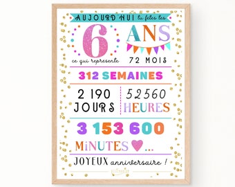 Carte géante colorée 6 ème anniversaire, affiche anniversaire 6 ans - minutes, heures, jours, mois, années, déco anniversaire - À IMPRIMER