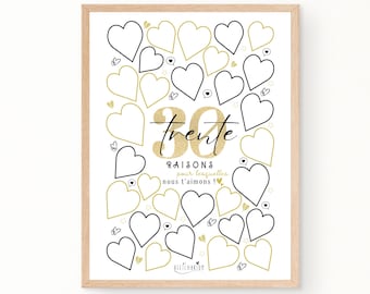 Affiche 30 coeurs à remplir, carte géante à messages anniversaire 30 ans, cadeau 30 ans, décoration fête anniversaire - À IMPRIMER