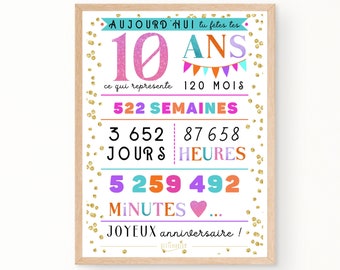 Carte géante colorée 10 ème anniversaire, affiche anniversaire 10 ans - minutes, heures, jours, mois, années, déco anniversaire - À IMPRIMER